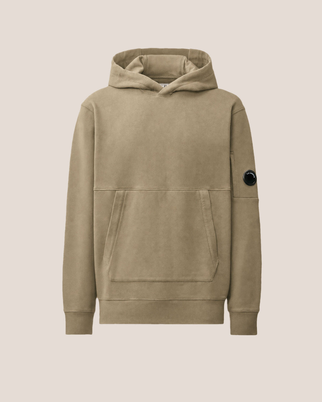 C.P. Company Diagonal Raised Fleece Lens Hoodie in Fallen Rock - Beige