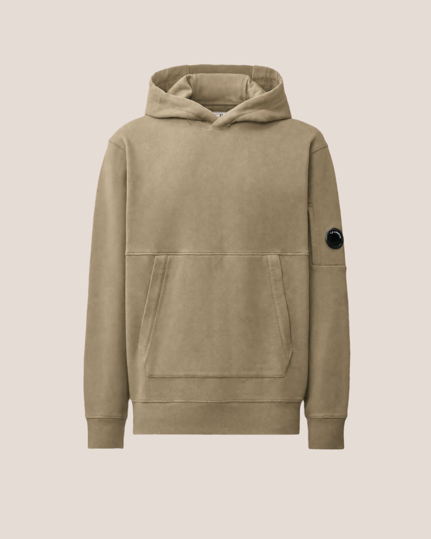 C.P. Company Diagonal Raised Fleece Lens Hoodie in Fallen Rock - Beige