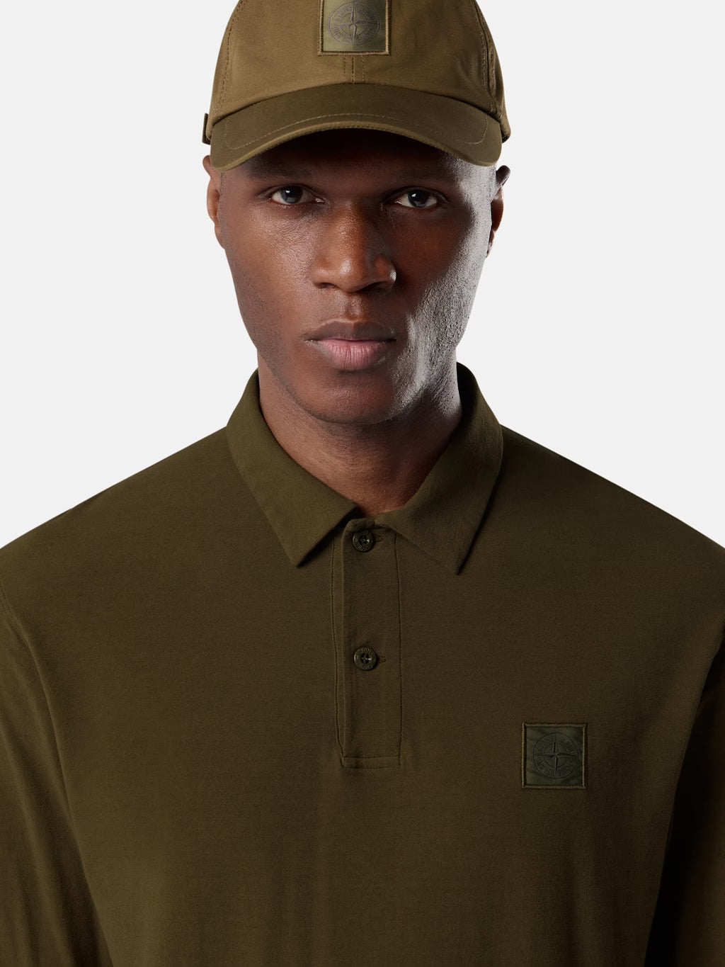 Stone Island Ghost Tonal Compass Patch Long-Sleeve Polo Shirt in Military Green