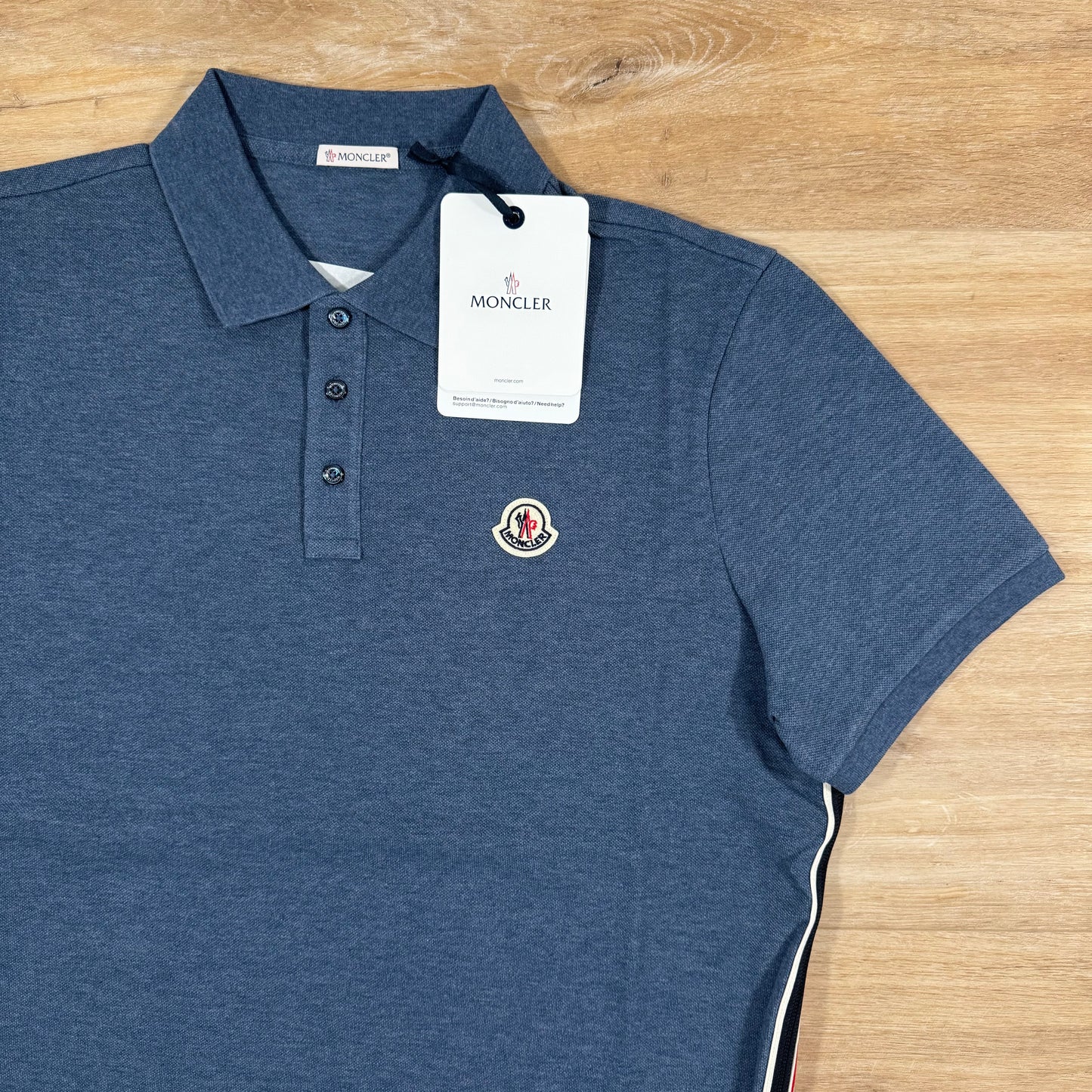 Moncler Striped Trim Cotton Piquet Polo Shirt in Dusty Blue