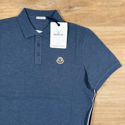 Moncler Striped Trim Cotton Piquet Polo Shirt in Dusty Blue