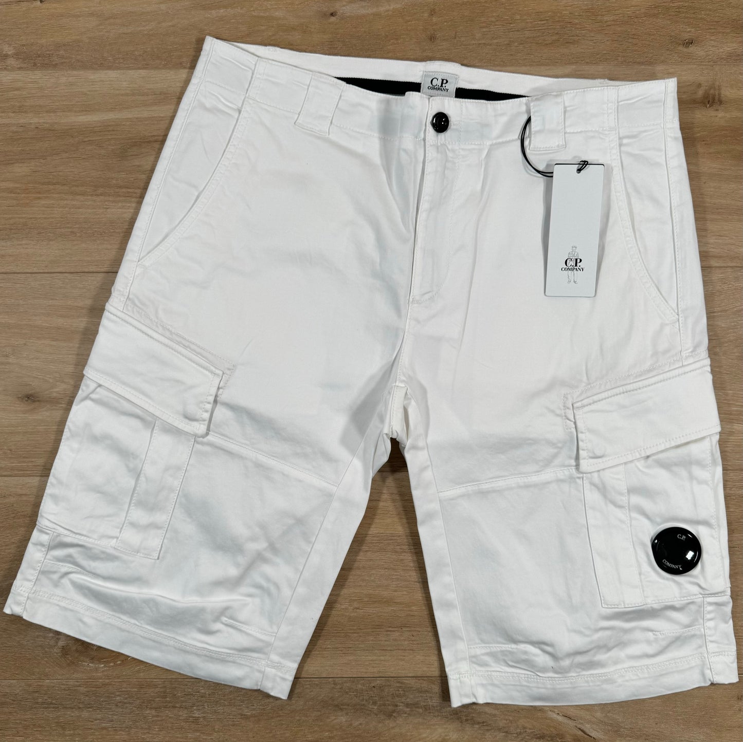 C.P. Company Stretch Sateen Lens Cargo Shorts in Gauze White