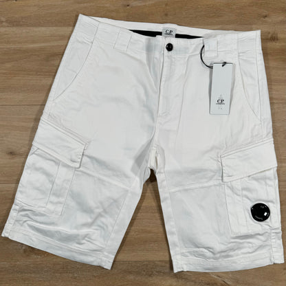 C.P. Company Stretch Sateen Lens Cargo Shorts in Gauze White