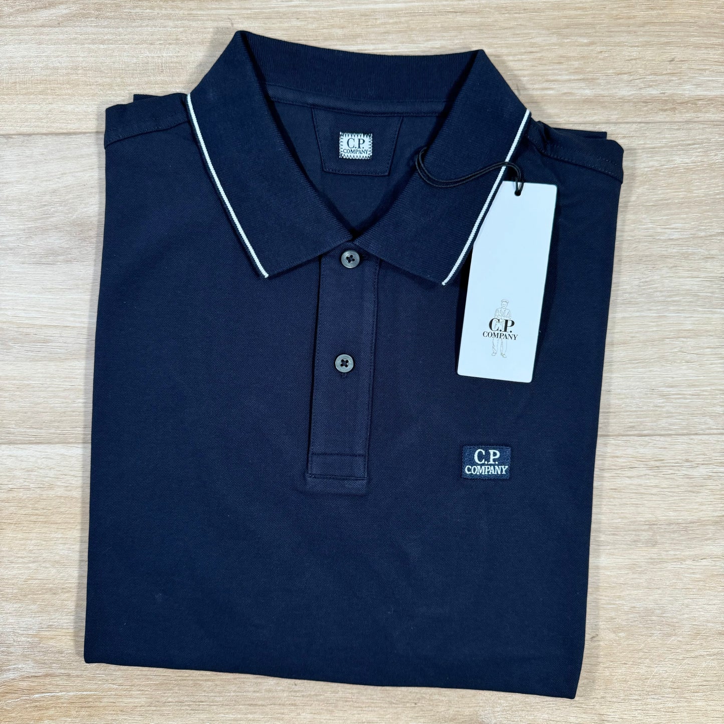 C.P. Company Stretch Piquet Striped Collar Polo Shirt in Navy