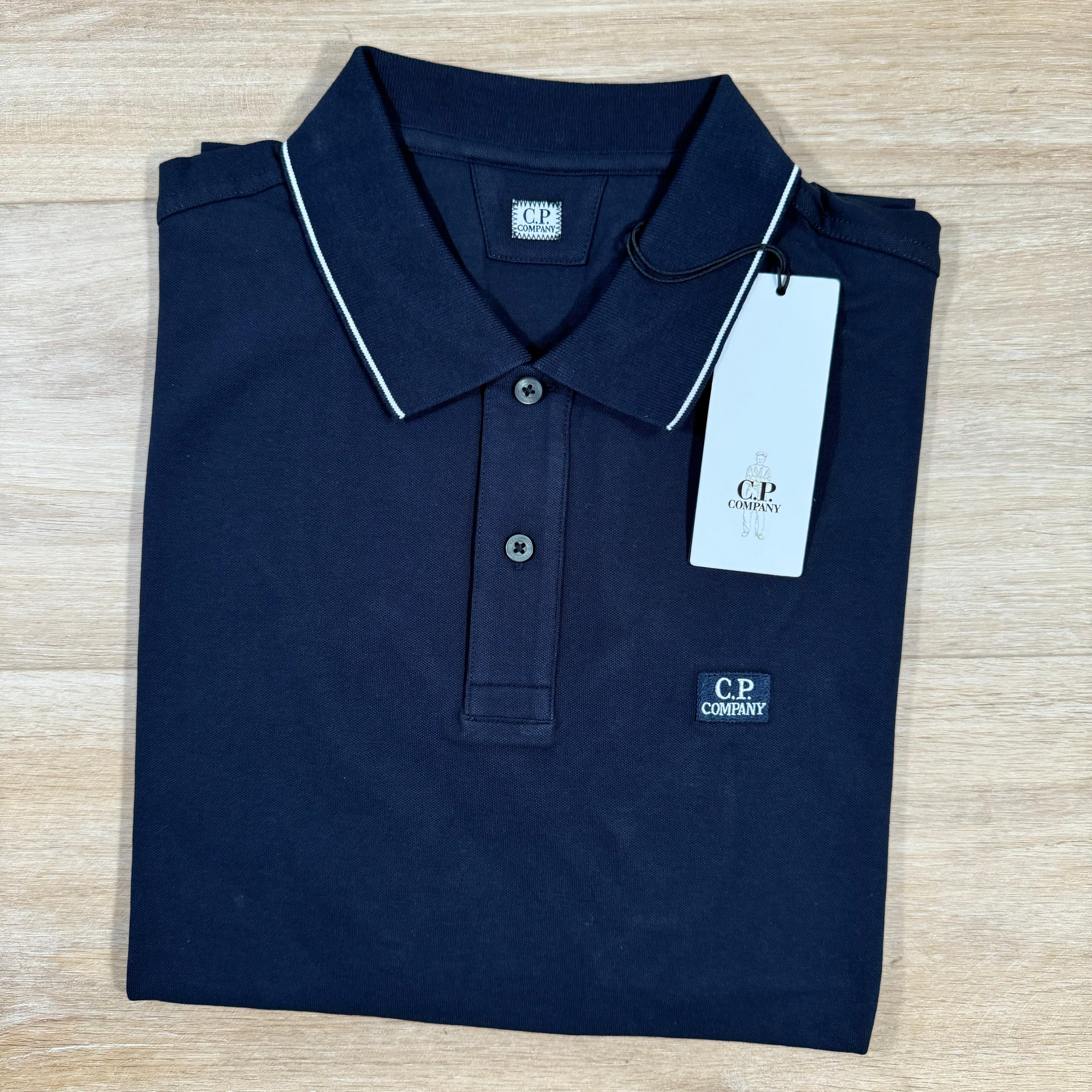 C.P. Company Stretch Piquet Striped Collar Polo Shirt in Navy