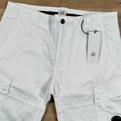 C.P. Company Stretch Sateen Lens Cargo Shorts in Gauze White