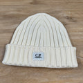 C.P. Company Extra Fine Merino Wool Logo Beanie in Gauze White