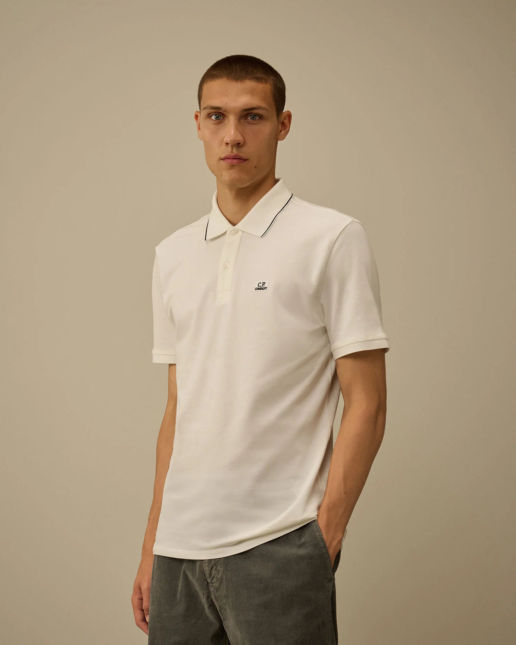 C.P. Company Stretch Piquet Striped Collar Polo Shirt in Gauze White