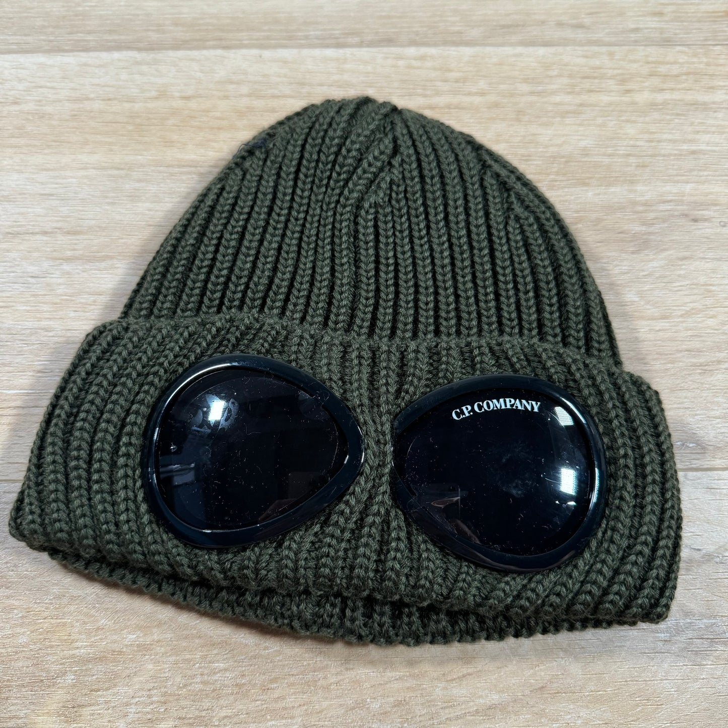 C.P. Company Extra Fine Merino Wool Goggle Beanie in Ivy Green
