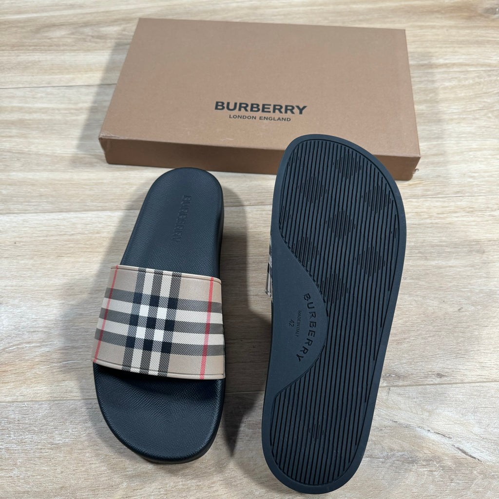 Burberry Furley Check Slides in Archive Beige