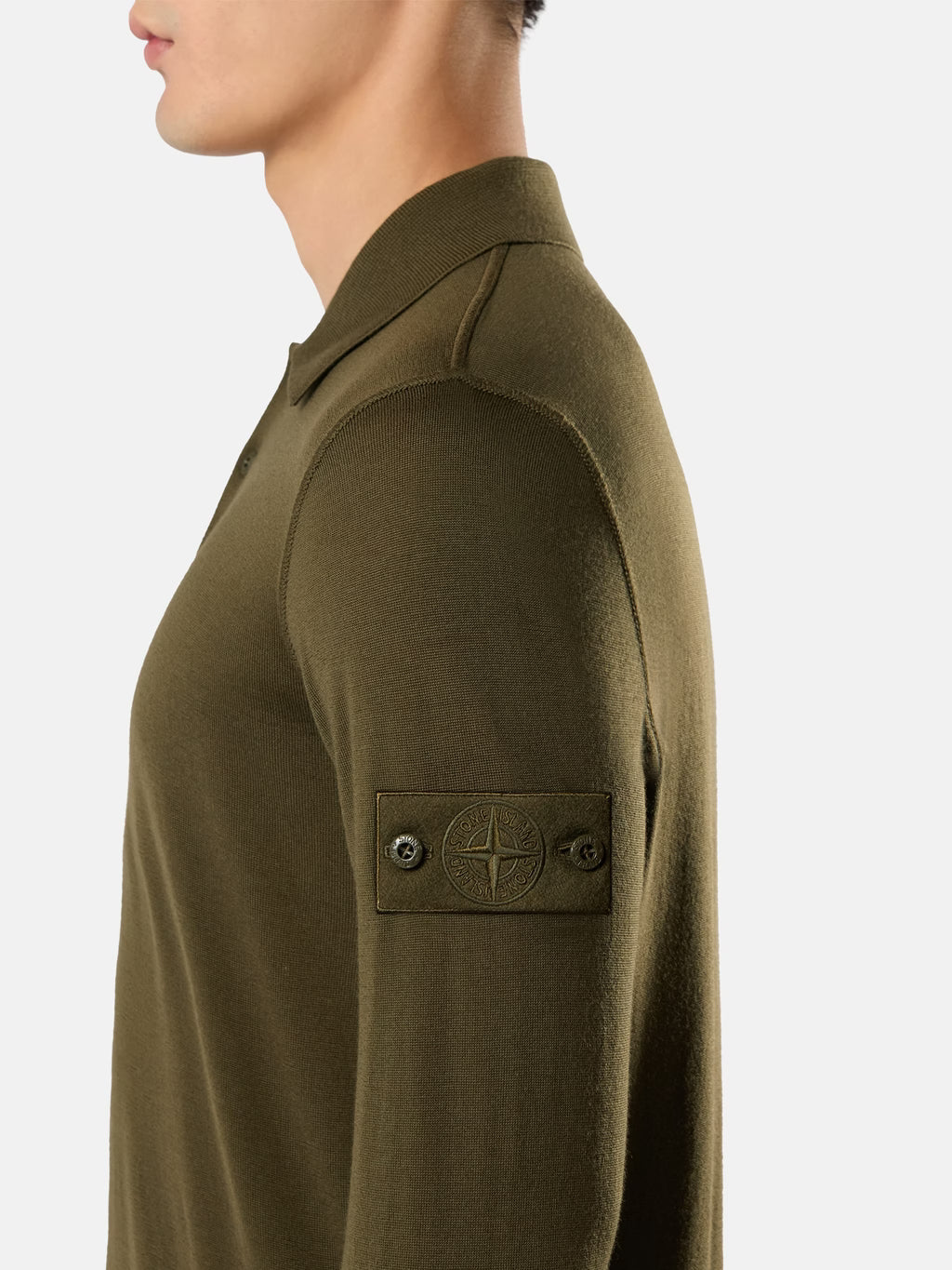 Stone Island Light Pure RWS Wool Ghost Polo Jumper in Military Green