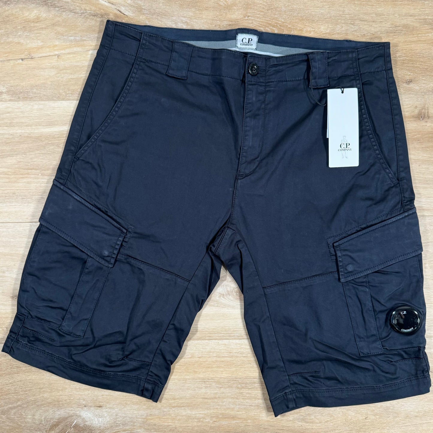 C.P. Company Stretch Sateen Cargo Lens Shorts in Navy