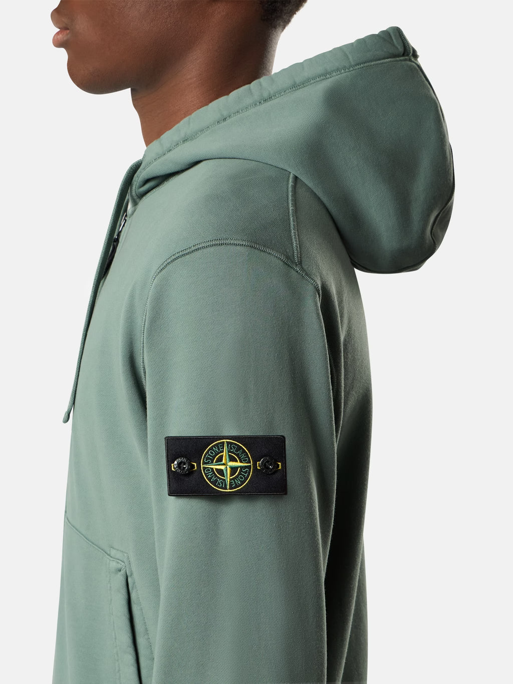 Stone Island Organic Cotton Fleece Zip-Up Hoodie in Ocean Green