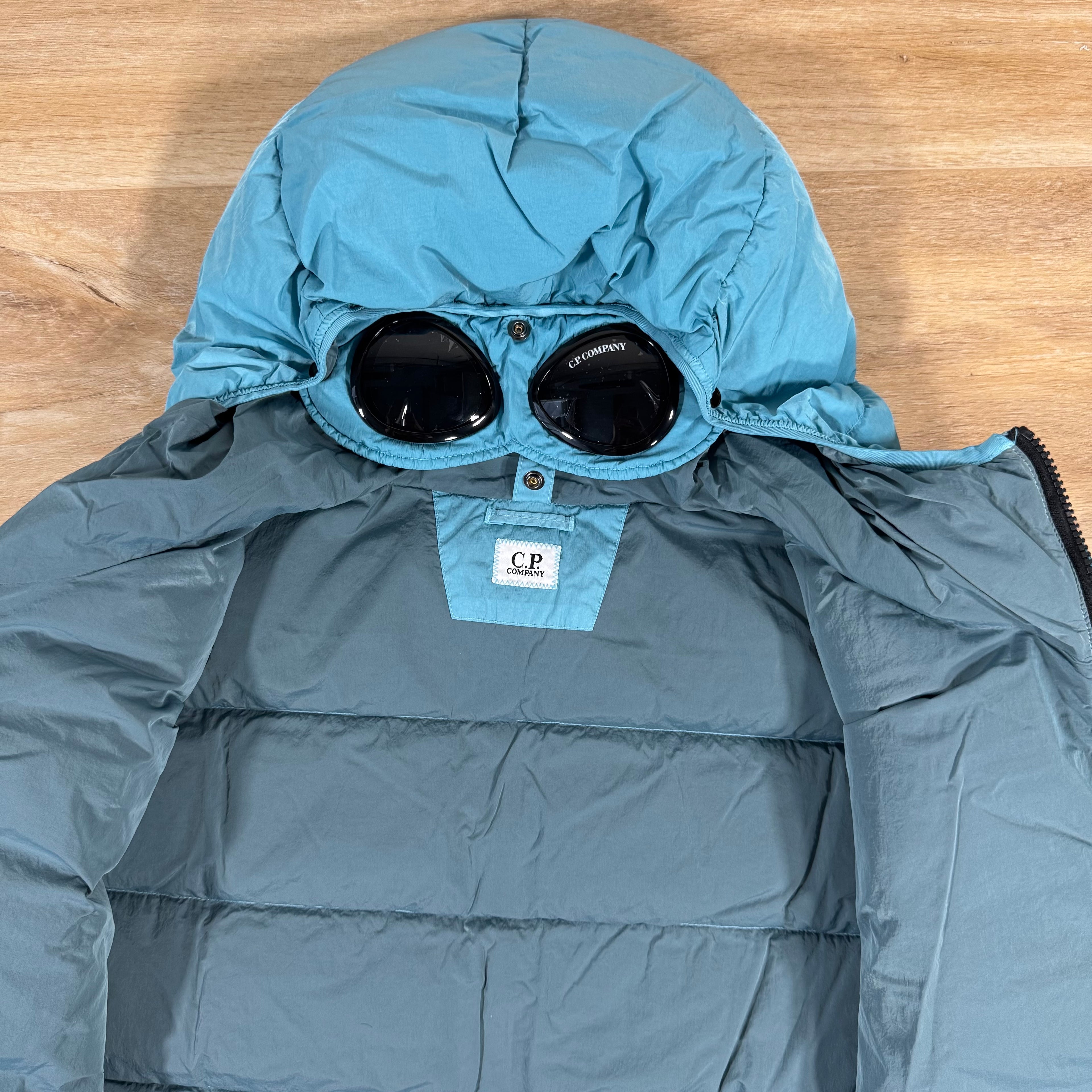 c.p. company chrome-r goggle down jacket C.P. Company Chrome-R Goggle Down Jacket in Aegean Blue – Label Menswear