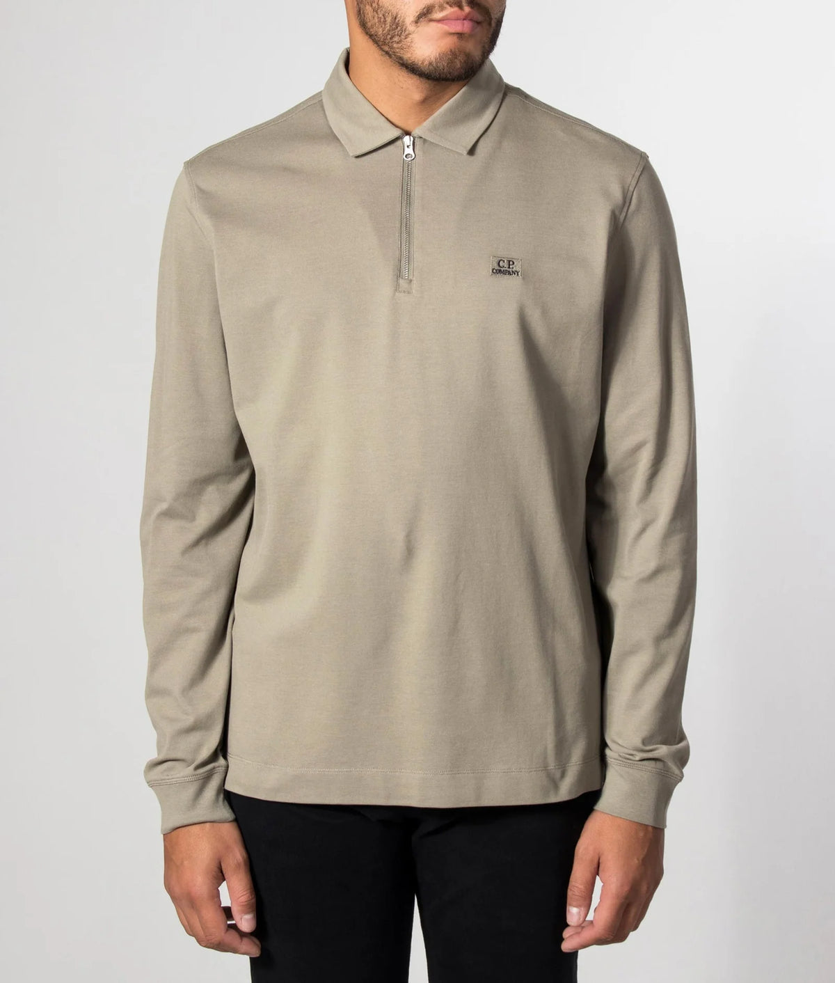 C.P. Company Stretch Piquet Long Sleeve Zip Polo in Fallen Rock - Beige