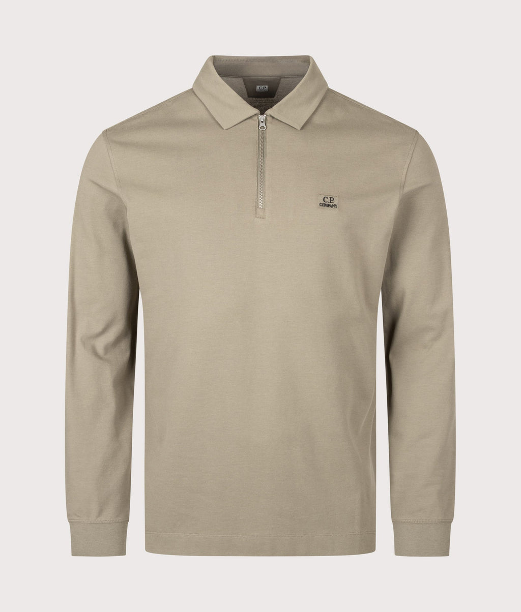 C.P. Company Stretch Piquet Long Sleeve Zip Polo in Fallen Rock - Beige