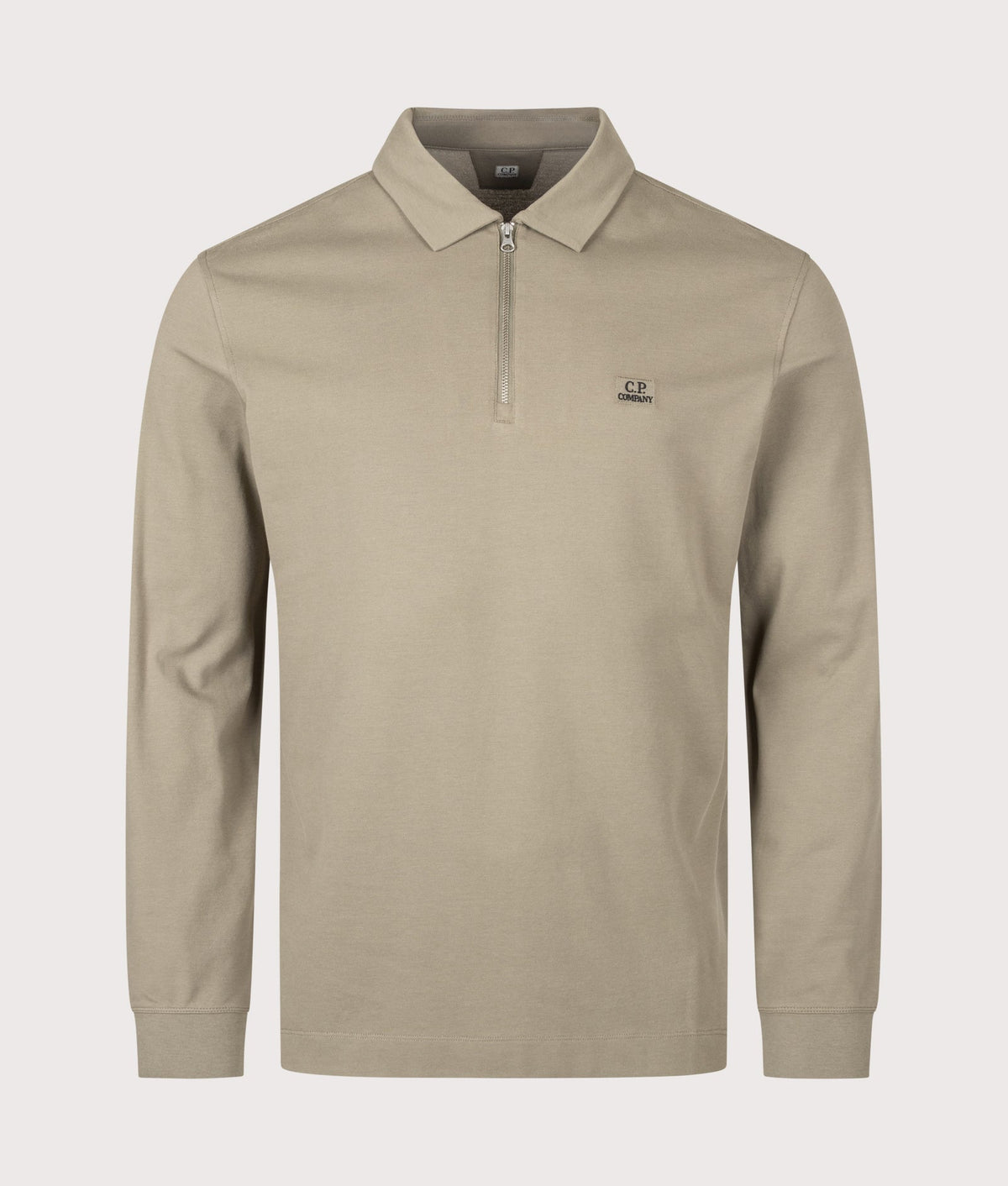 C.P. Company Stretch Piquet Long Sleeve Zip Polo in Fallen Rock - Beige