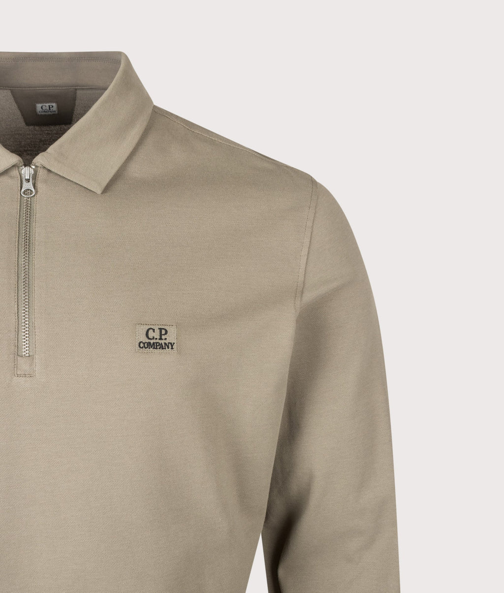 C.P. Company Stretch Piquet Long Sleeve Zip Polo in Fallen Rock - Beige