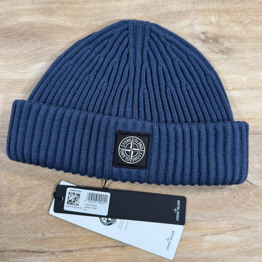 Stone Island Full Rib Wool Beanie in Mid Blue