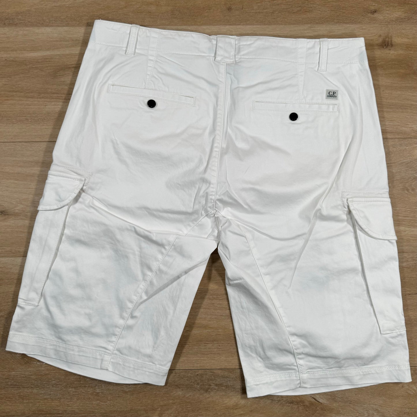 C.P. Company Stretch Sateen Lens Cargo Shorts in Gauze White