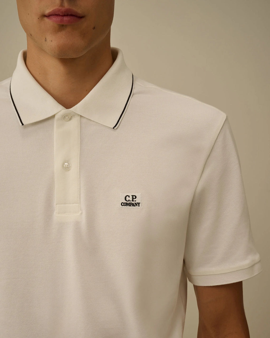 C.P. Company Stretch Piquet Striped Collar Polo Shirt in Gauze White