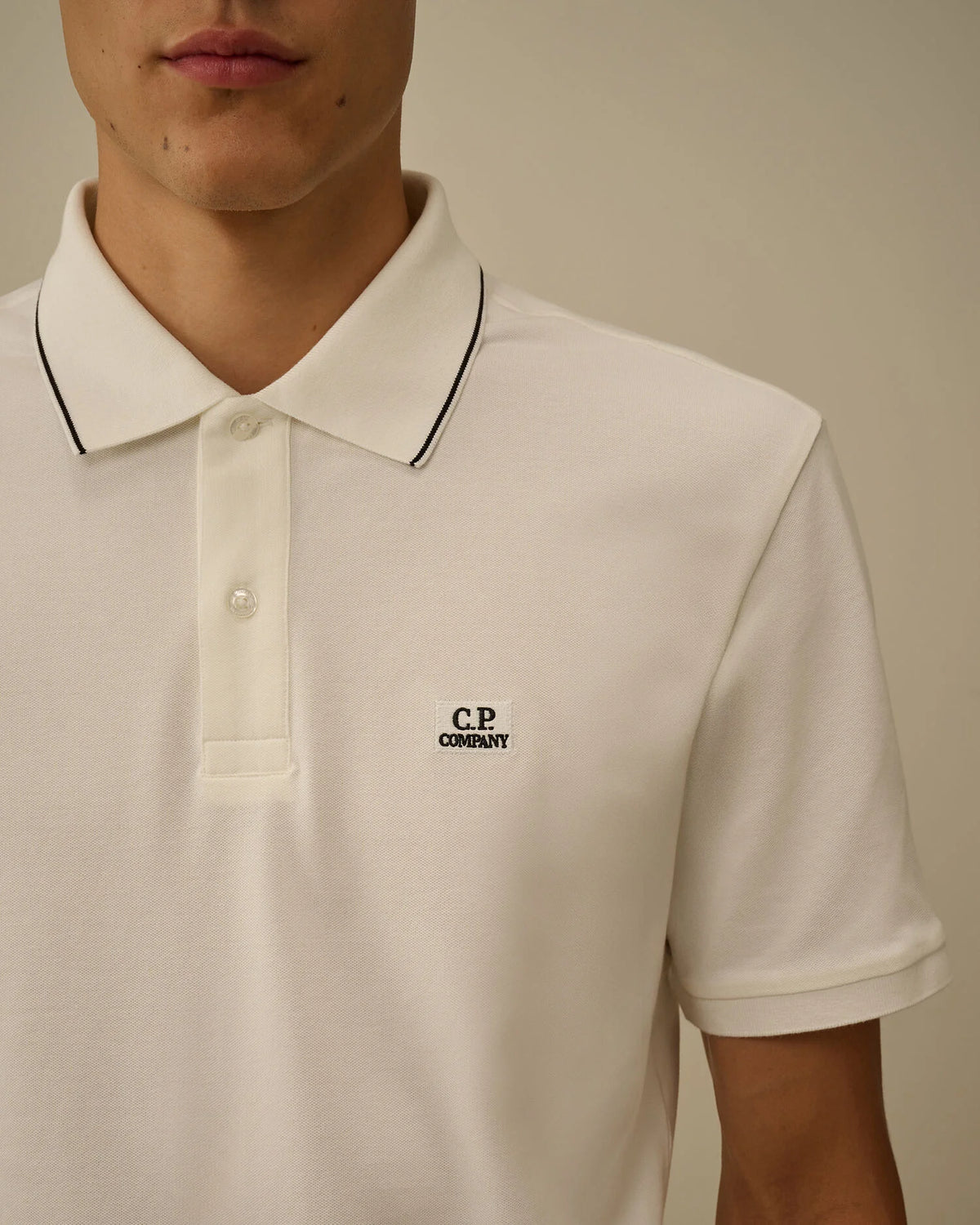 C.P. Company Stretch Piquet Striped Collar Polo Shirt in Gauze White