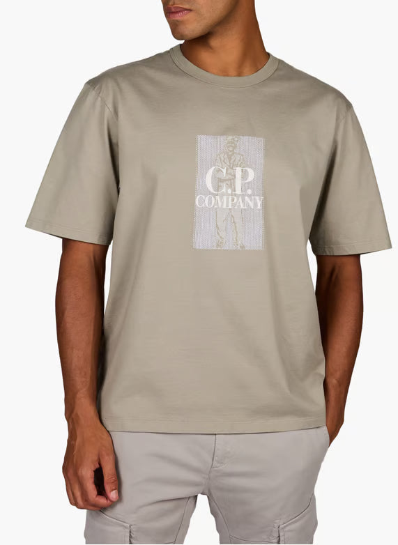C.P. Company Mercerized Jersey Twisted Chest Logo T-Shirt in Fallen Rock - Beige