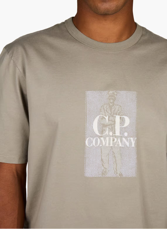 C.P. Company Mercerized Jersey Twisted Chest Logo T-Shirt in Fallen Rock - Beige