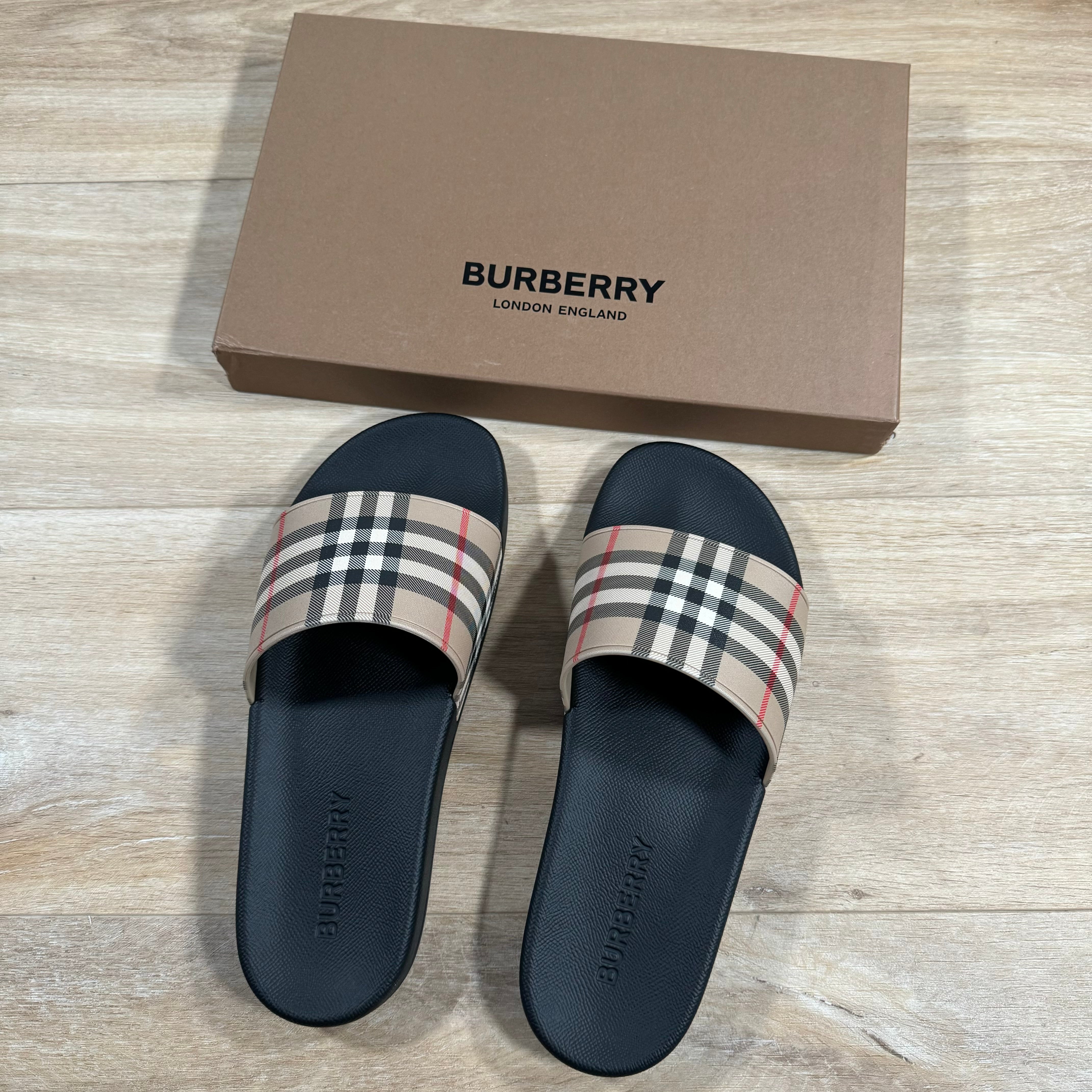 Burberry Furley Check Slides in Archive Beige