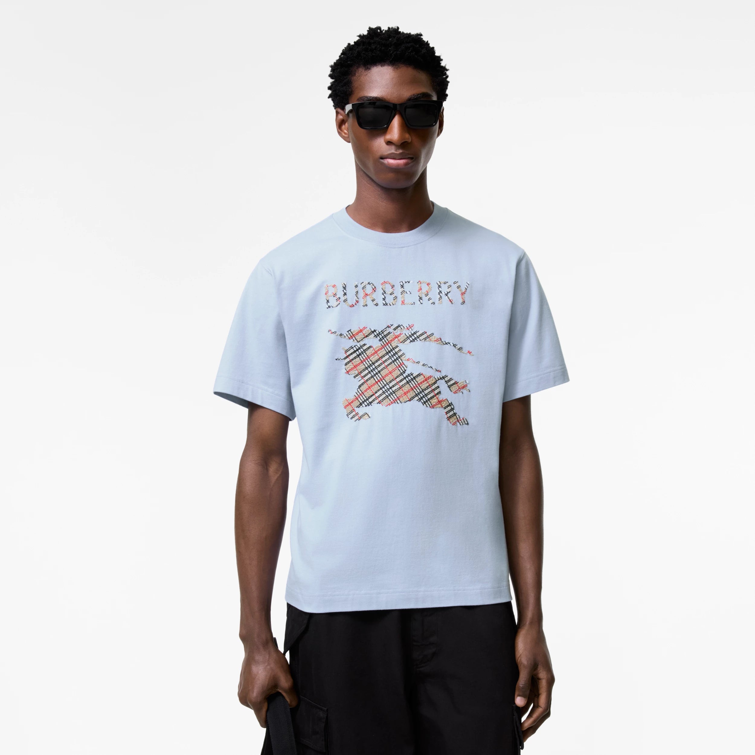 Burberry Cross Stitch Knight Cotton T-Shirt in Sunbleached Blue