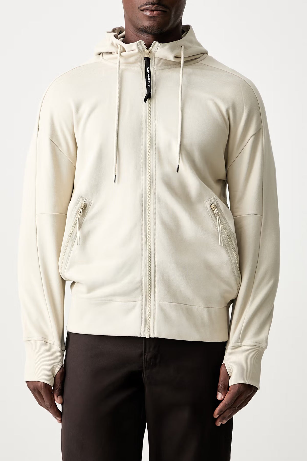 C.P. Company Diagonal Raised Fleece Goggle Hoodie in Silver Birch