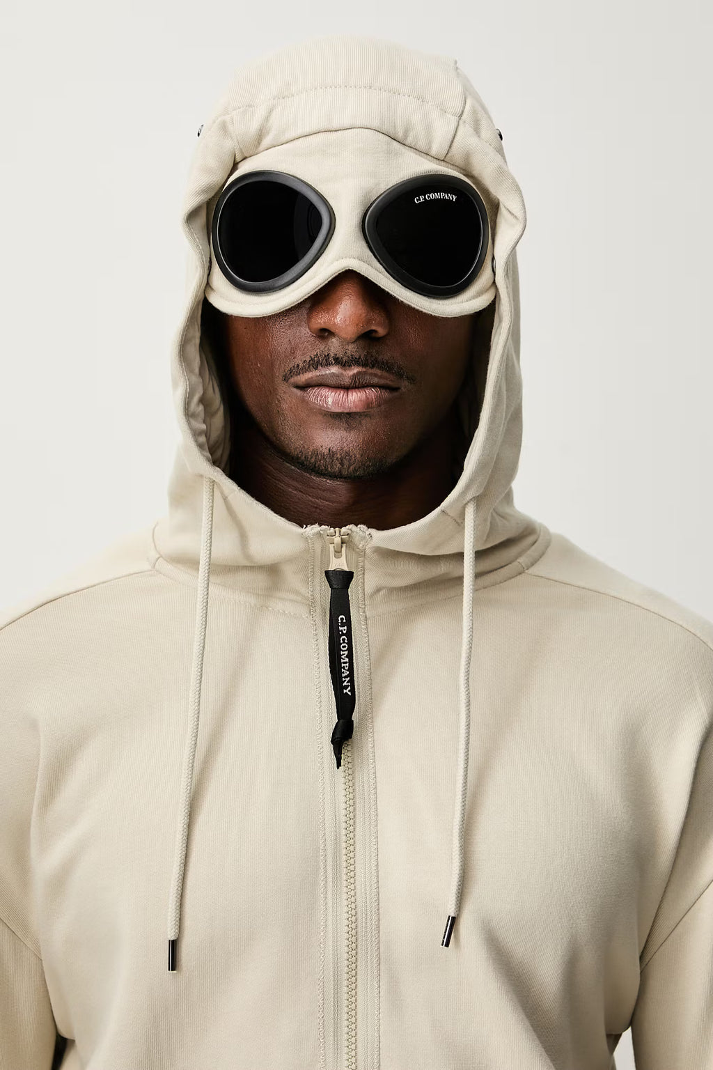 C.P. Company Diagonal Raised Fleece Goggle Hoodie in Silver Birch