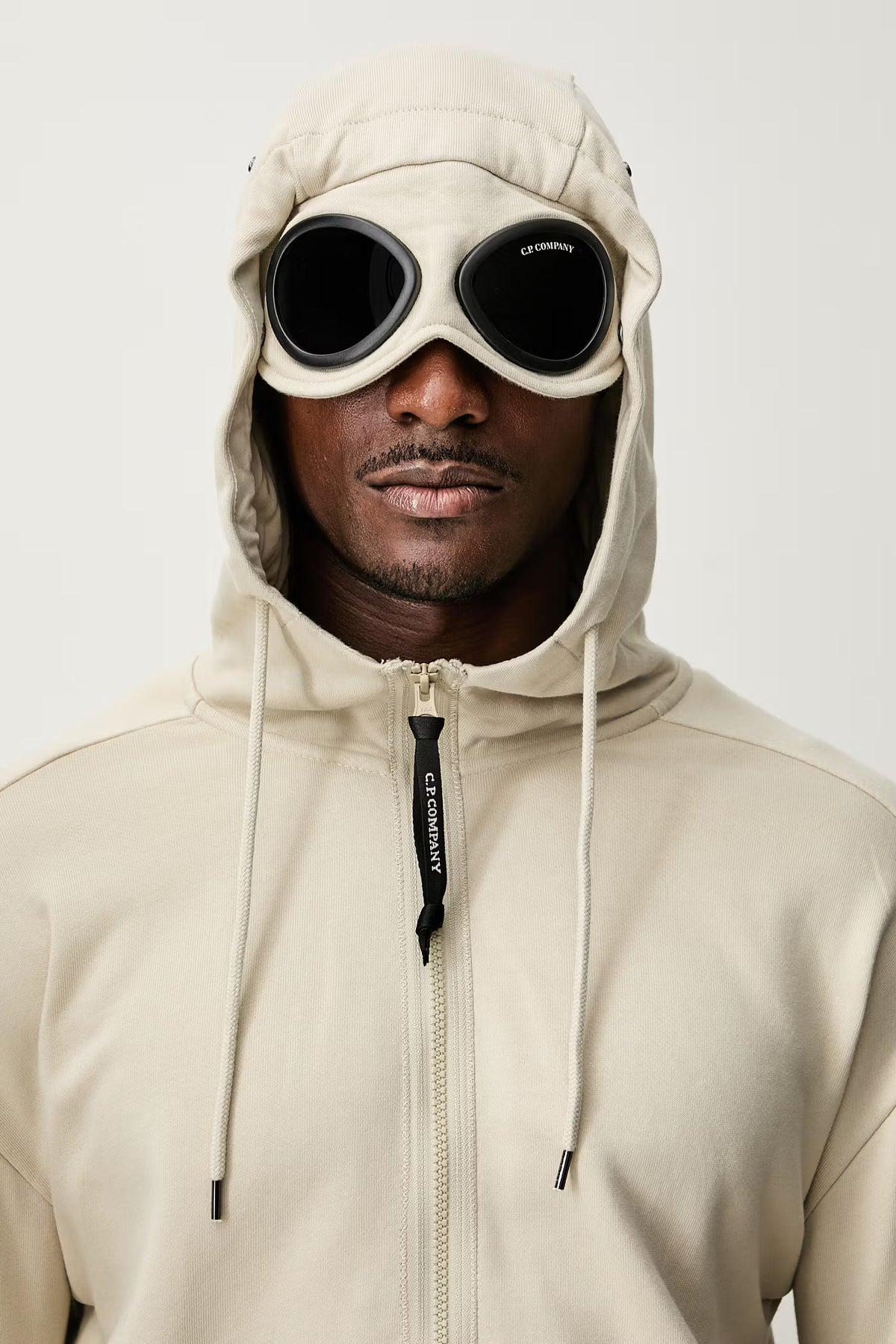 C.P. Company Diagonal Raised Fleece Goggle Hoodie in Silver Birch