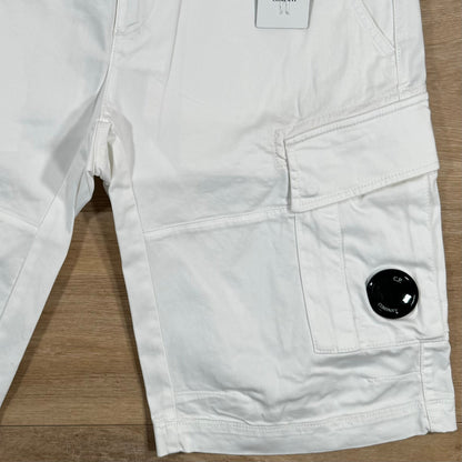 C.P. Company Stretch Sateen Lens Cargo Shorts in Gauze White