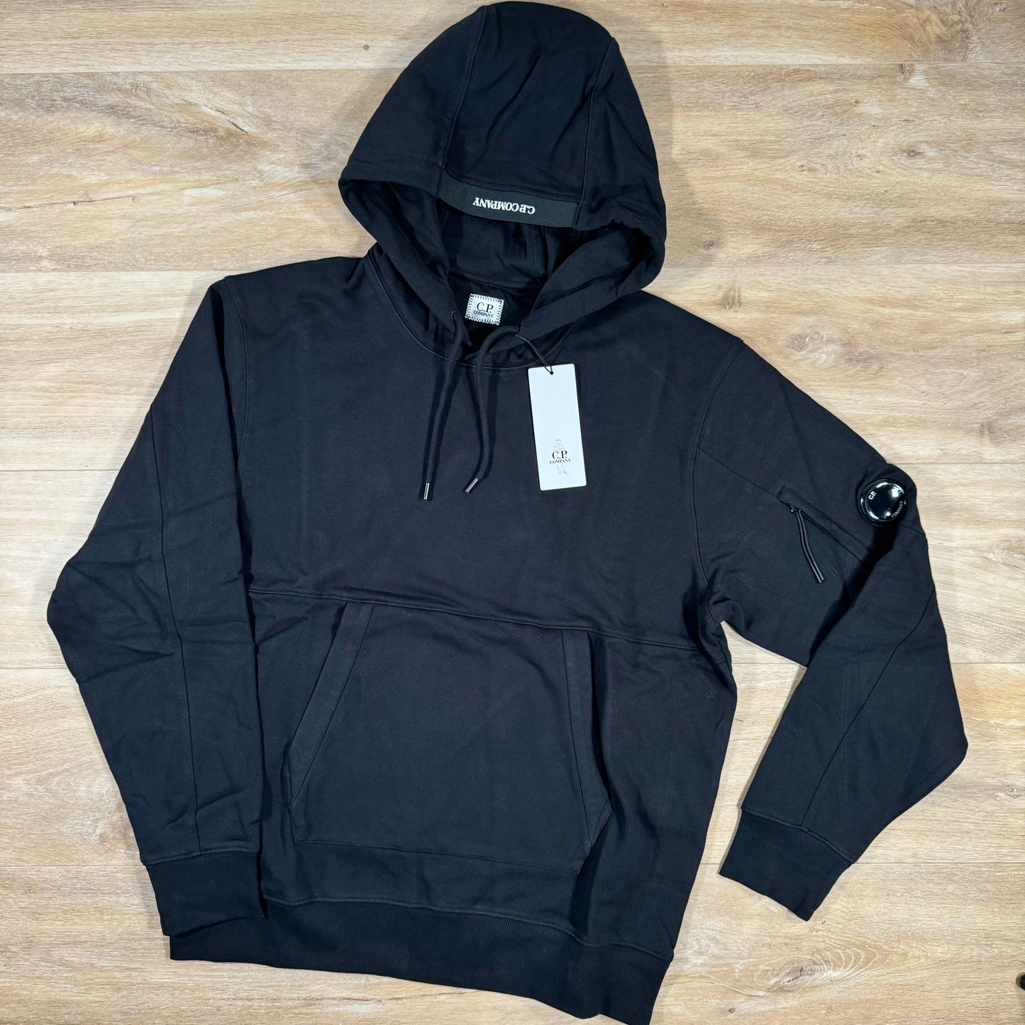 C.P. Company Diagonal Raised Fleece Lens Hoodie in Black