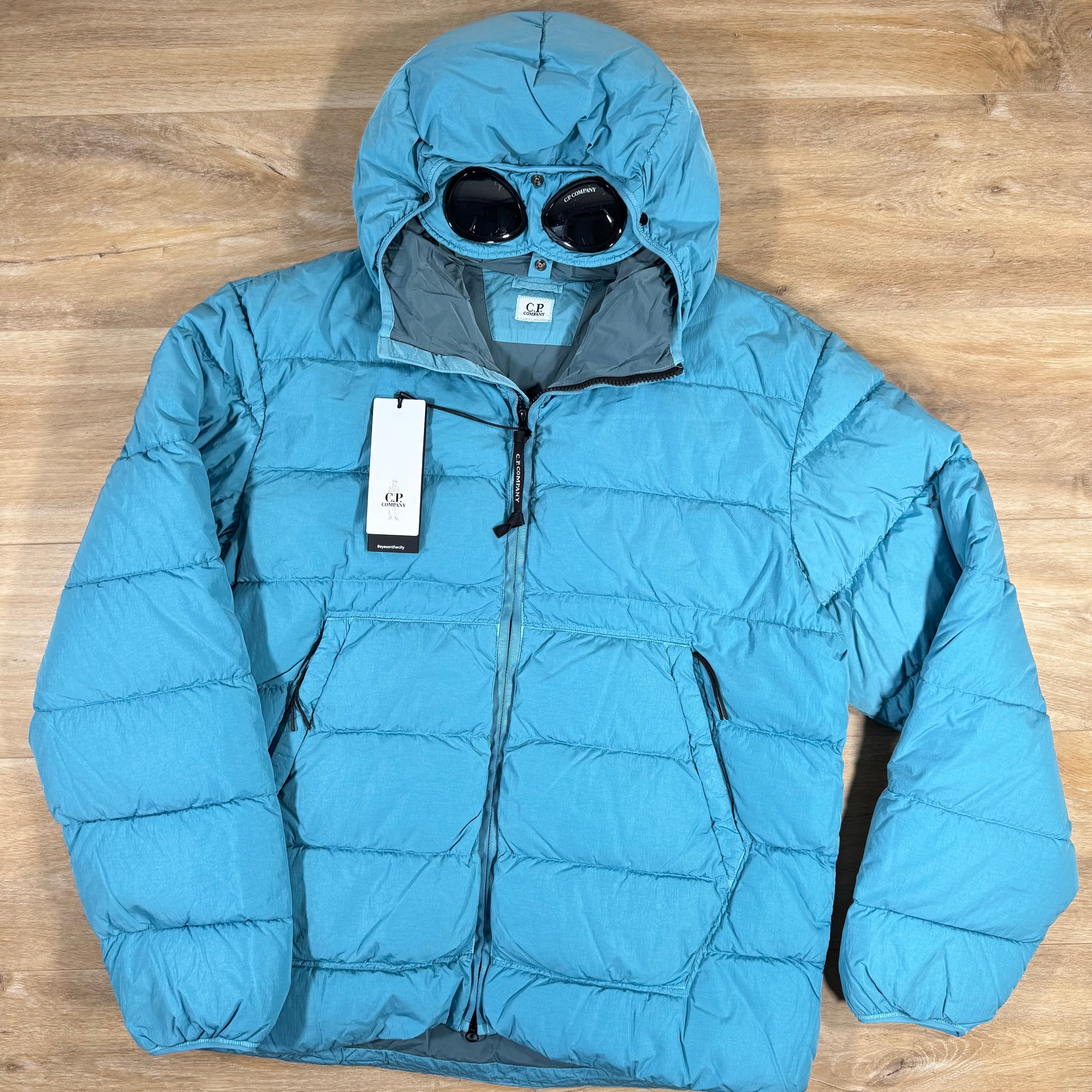 c.p. company chrome-r goggle down jacket C.P. Company Chrome-R Goggle Down Jacket in Aegean Blue – Label Menswear