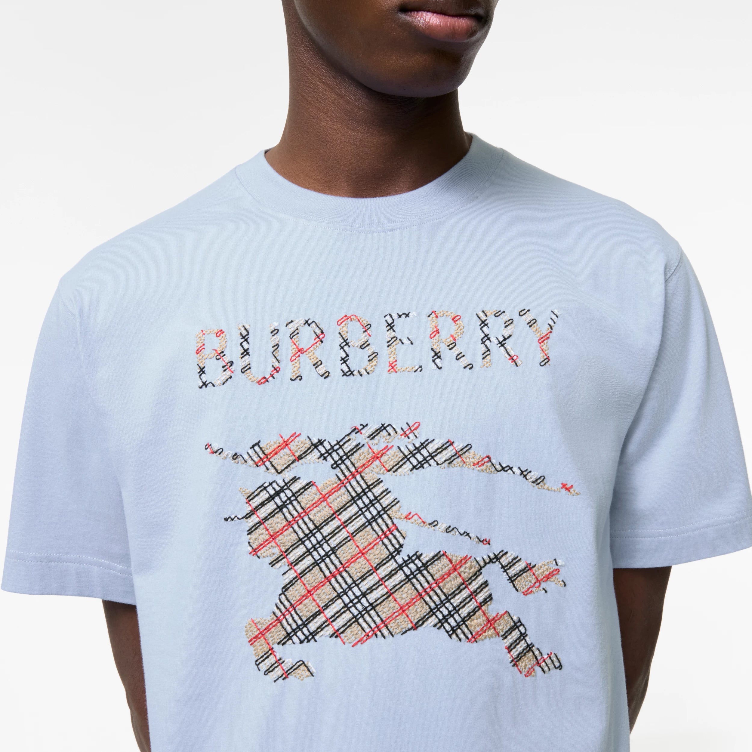 Burberry Cross Stitch Knight Cotton T-Shirt in Sunbleached Blue