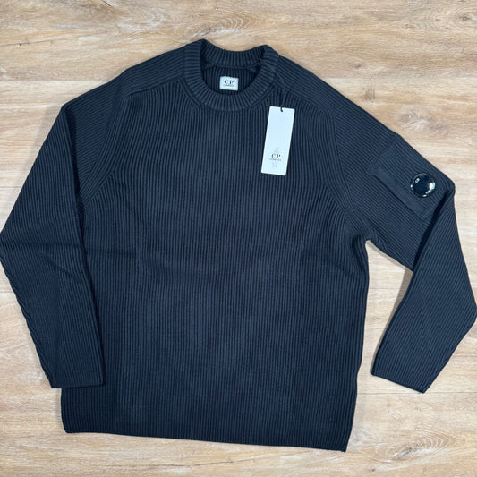 C.P. Company Full Rib Crewneck Lens Sweater in Black