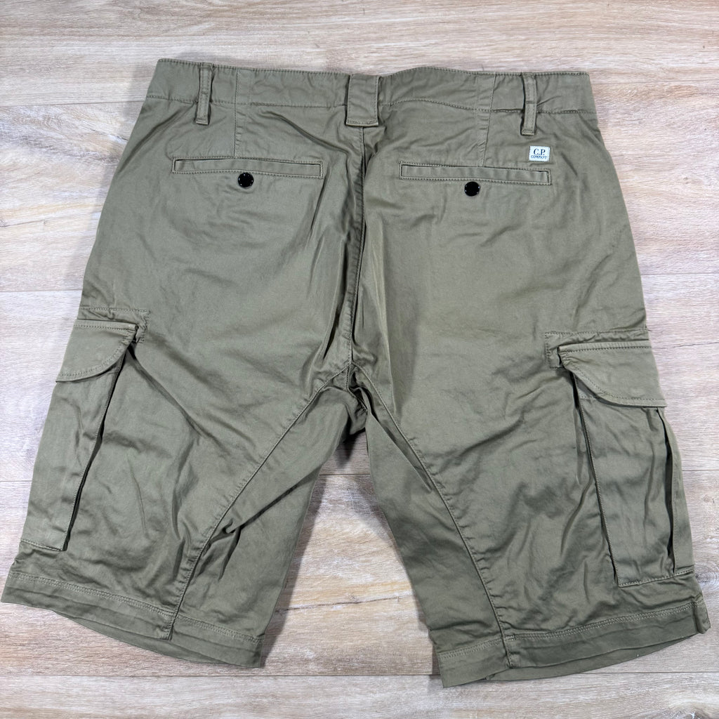 C.P. Company Stretch Sateen Cargo Lens Shorts in Dried Herb - Green