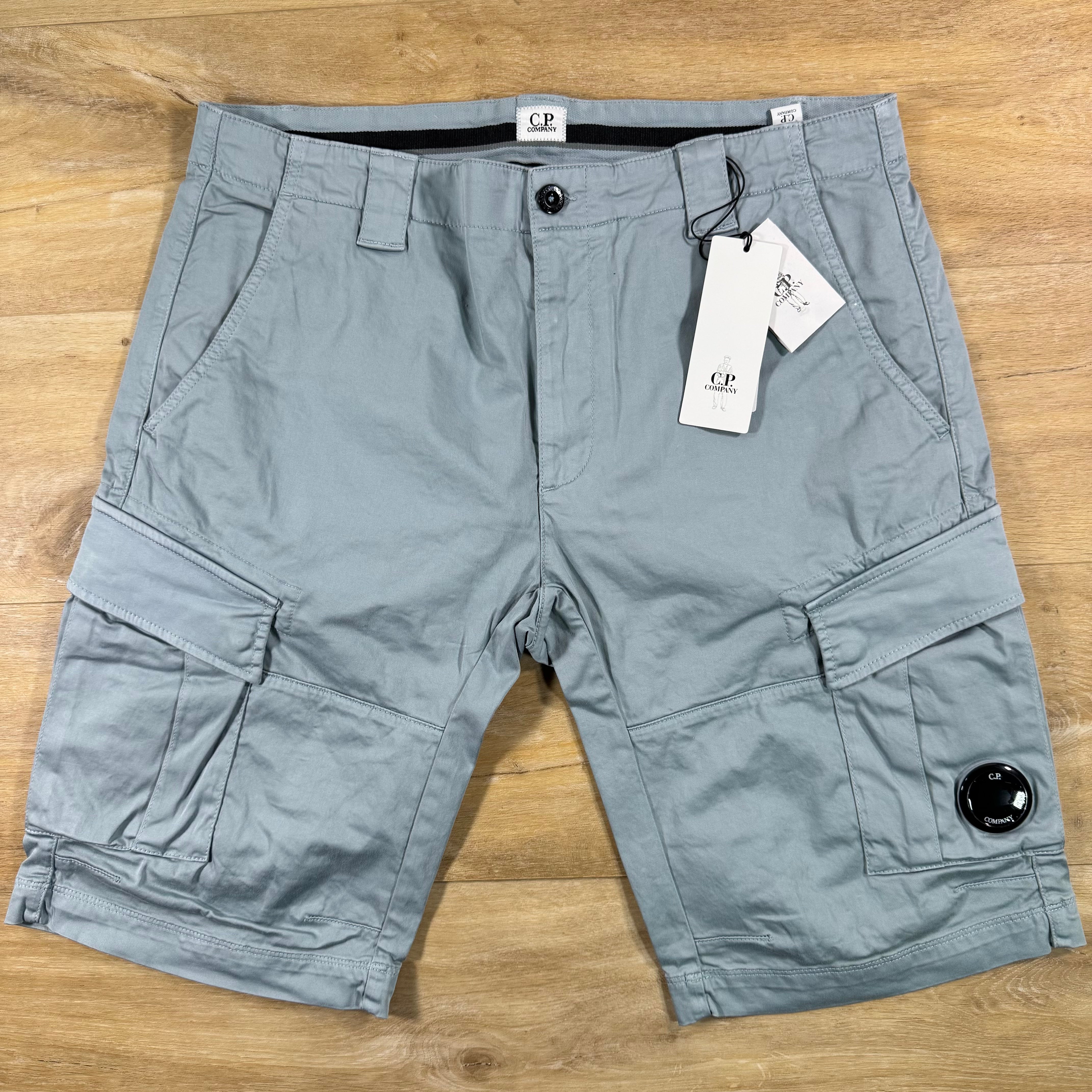 C.P. Company Stretch Sateen Cargo Lens Shorts in Silver Blue