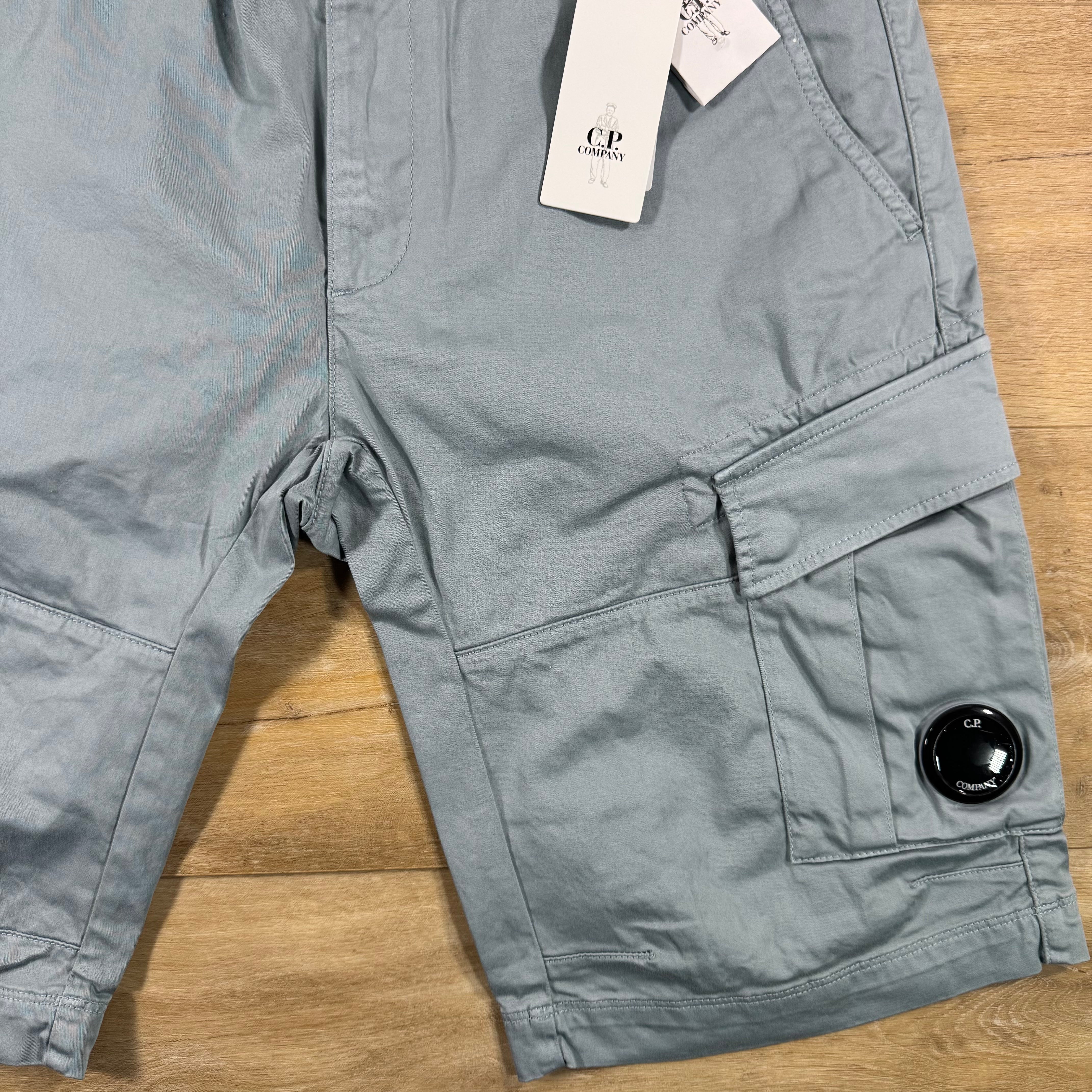 C.P. Company Stretch Sateen Cargo Lens Shorts in Silver Blue