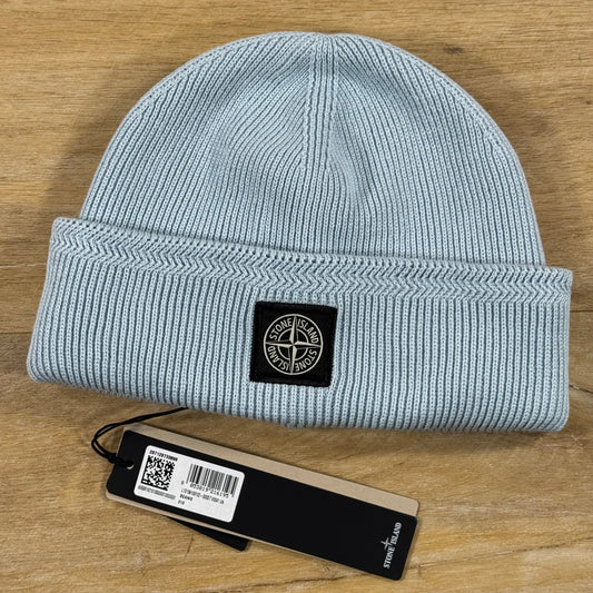 Stone Island Ribbed Soft Cotton Beanie in Sky Blue
