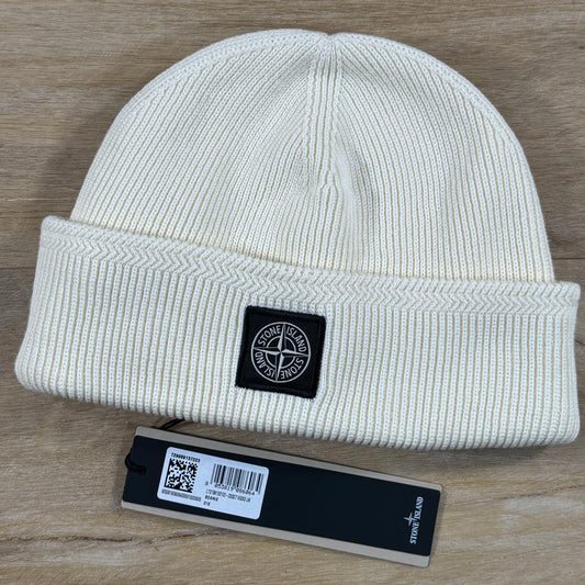 Stone Island Ribbed Soft Cotton Beanie in Ivory