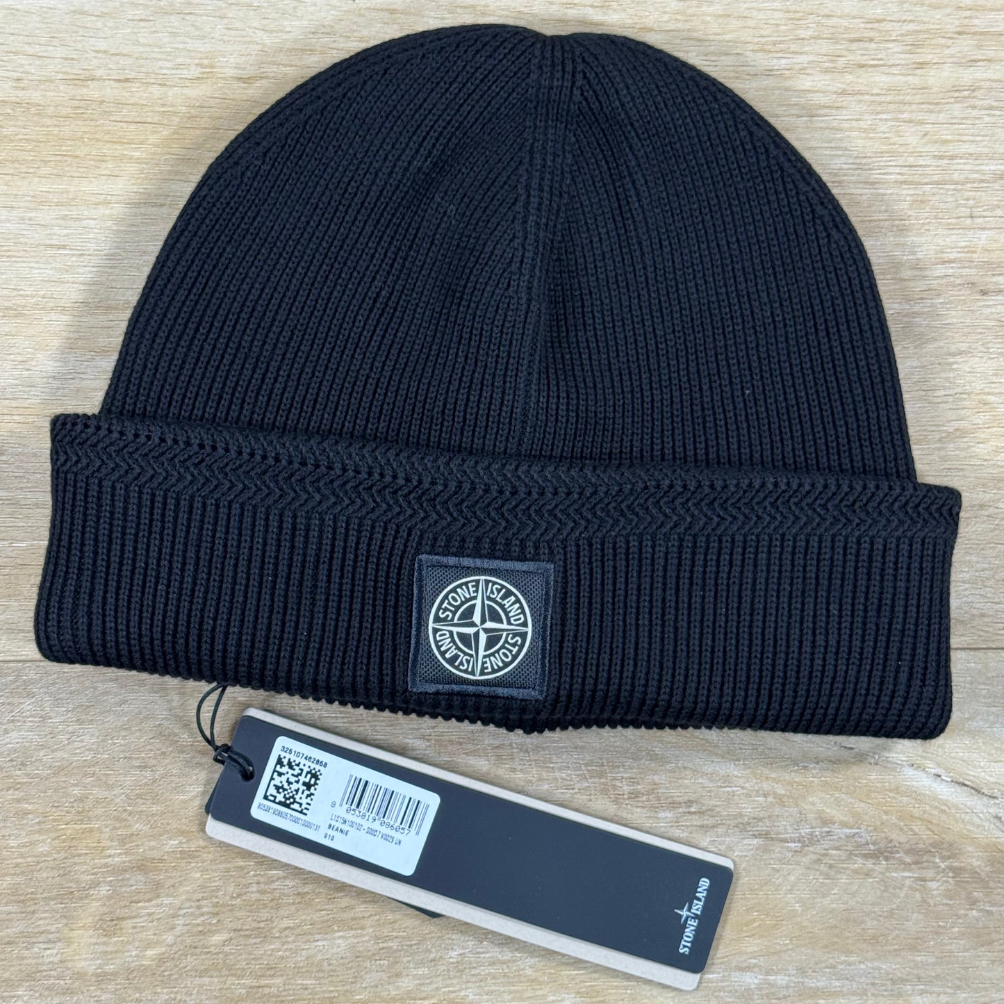 Stone Island Ribbed Soft Cotton Beanie in Black