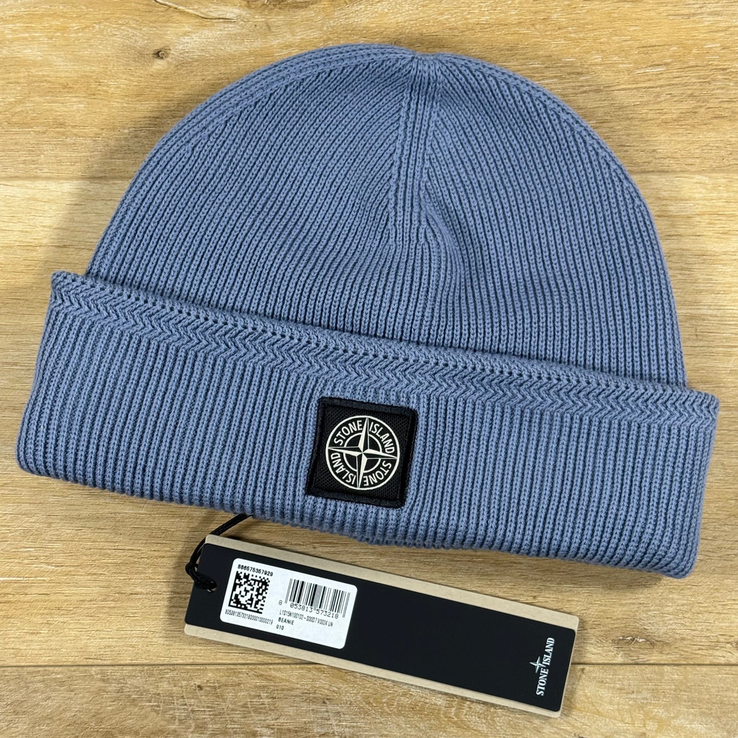 Stone Island Ribbed Soft Cotton Beanie in Avio Blue