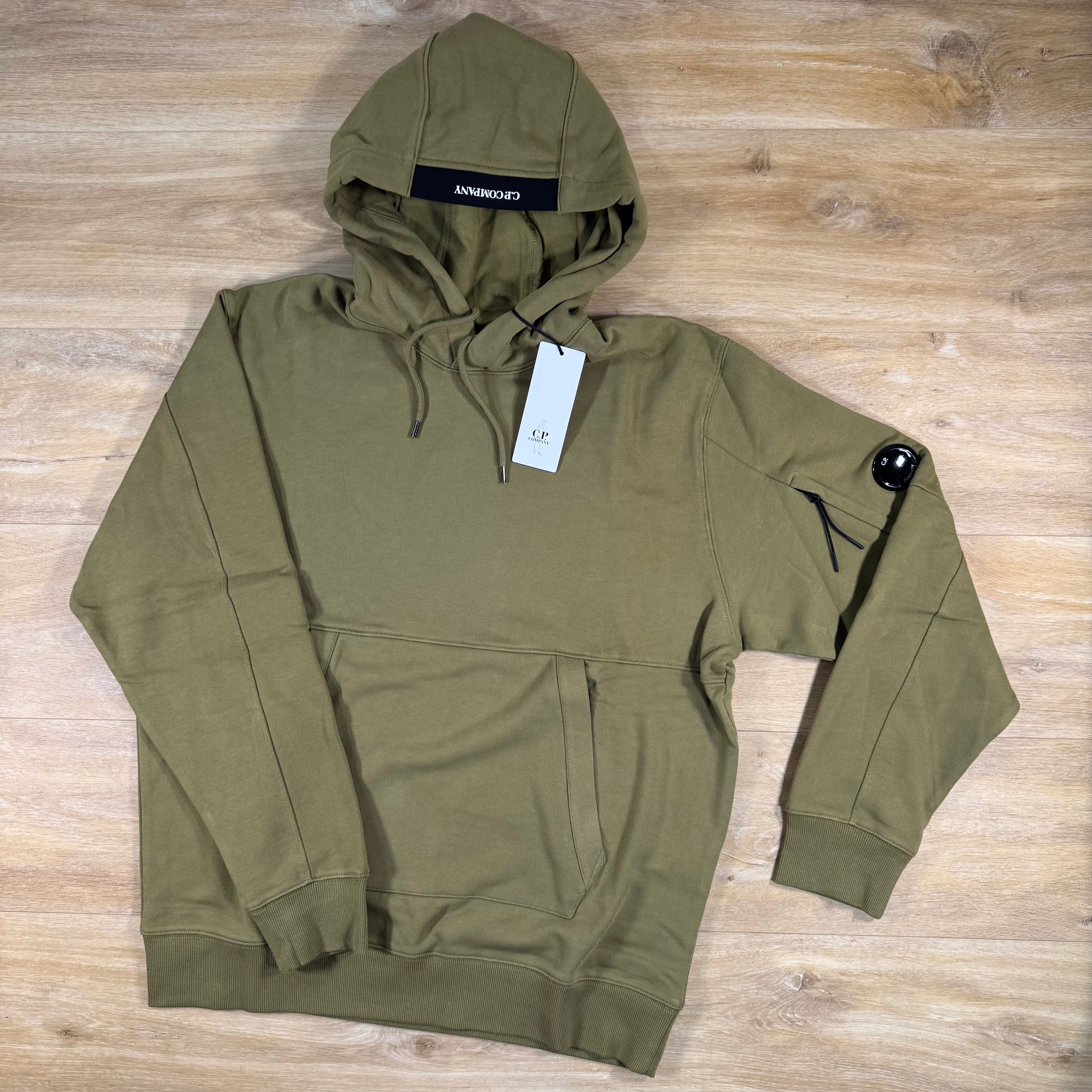 C.P. Company Diagonal Raised Fleece Lens Hoodie in Dried Herb - Green