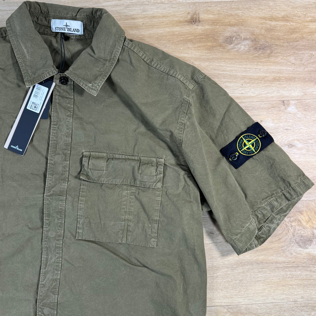 Stone Island Brushed Cotton Old Effect Short-Sleeve Shirt in Military Green
