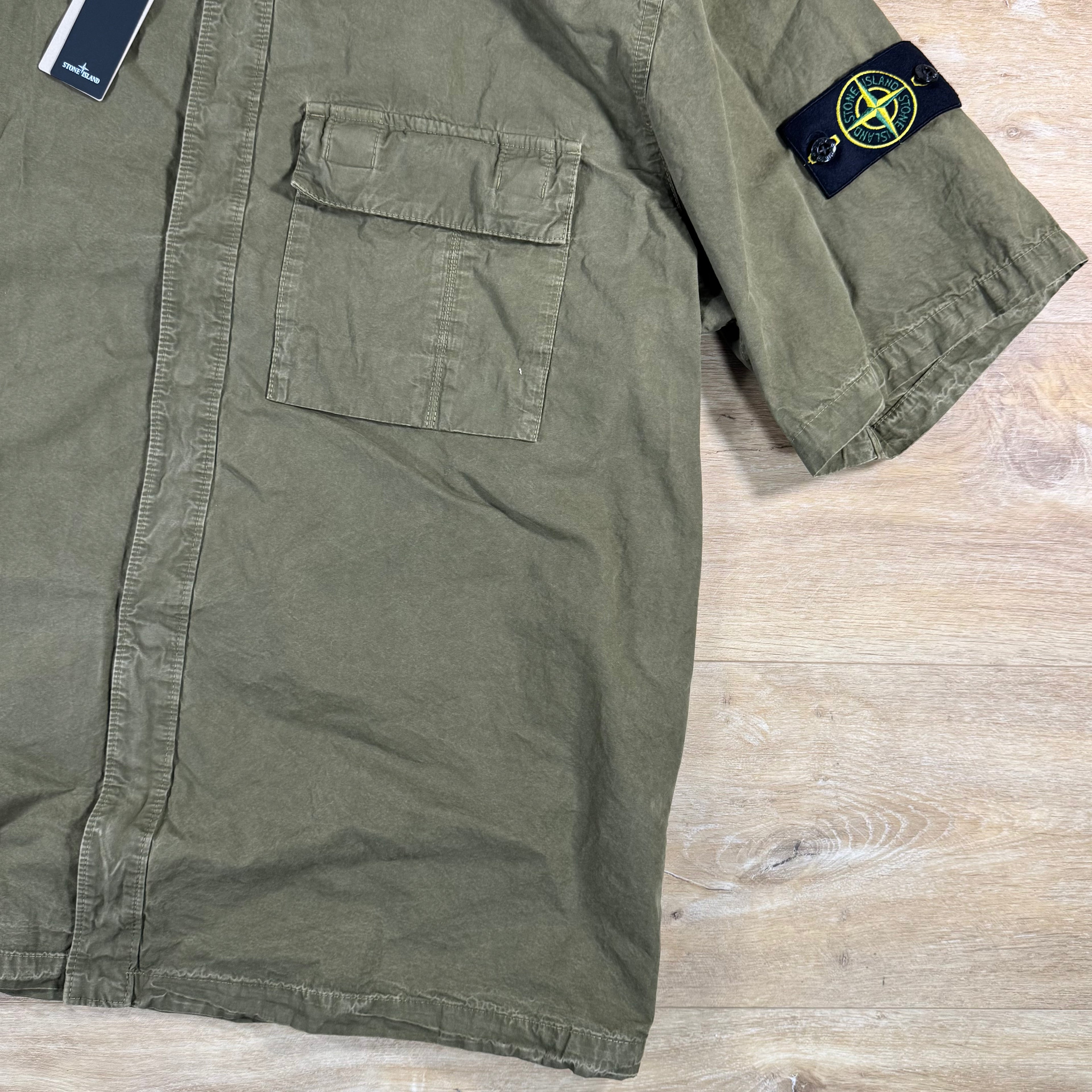 Stone Island Brushed Cotton Old Effect Short-Sleeve Shirt in Military Green