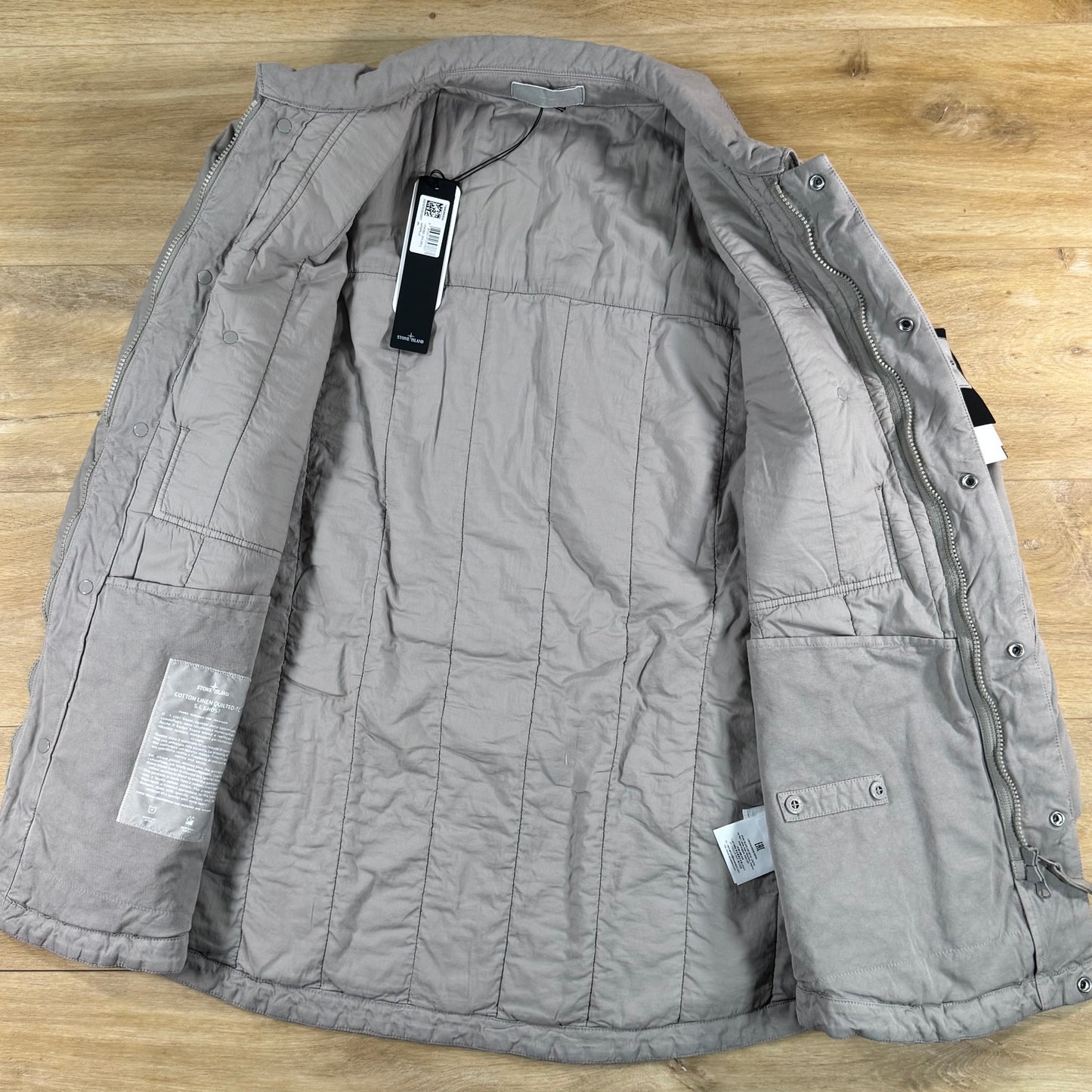 Stone Island Ghost Linen Quilted-TC Padded Coach Jacket in Dust Grey
