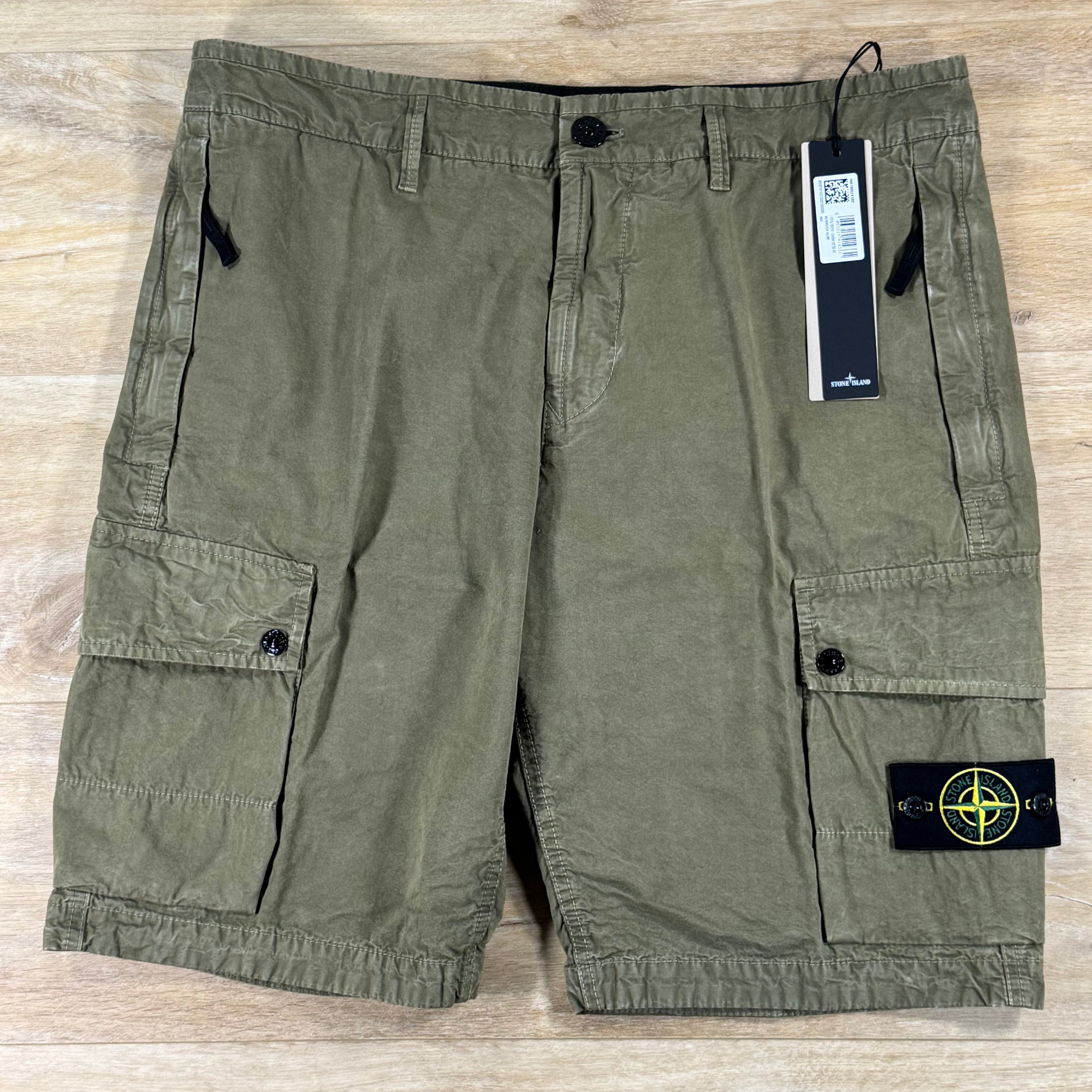 Stone Island Brushed Canvas 'Old Effect' Cargo Shorts in Military Green